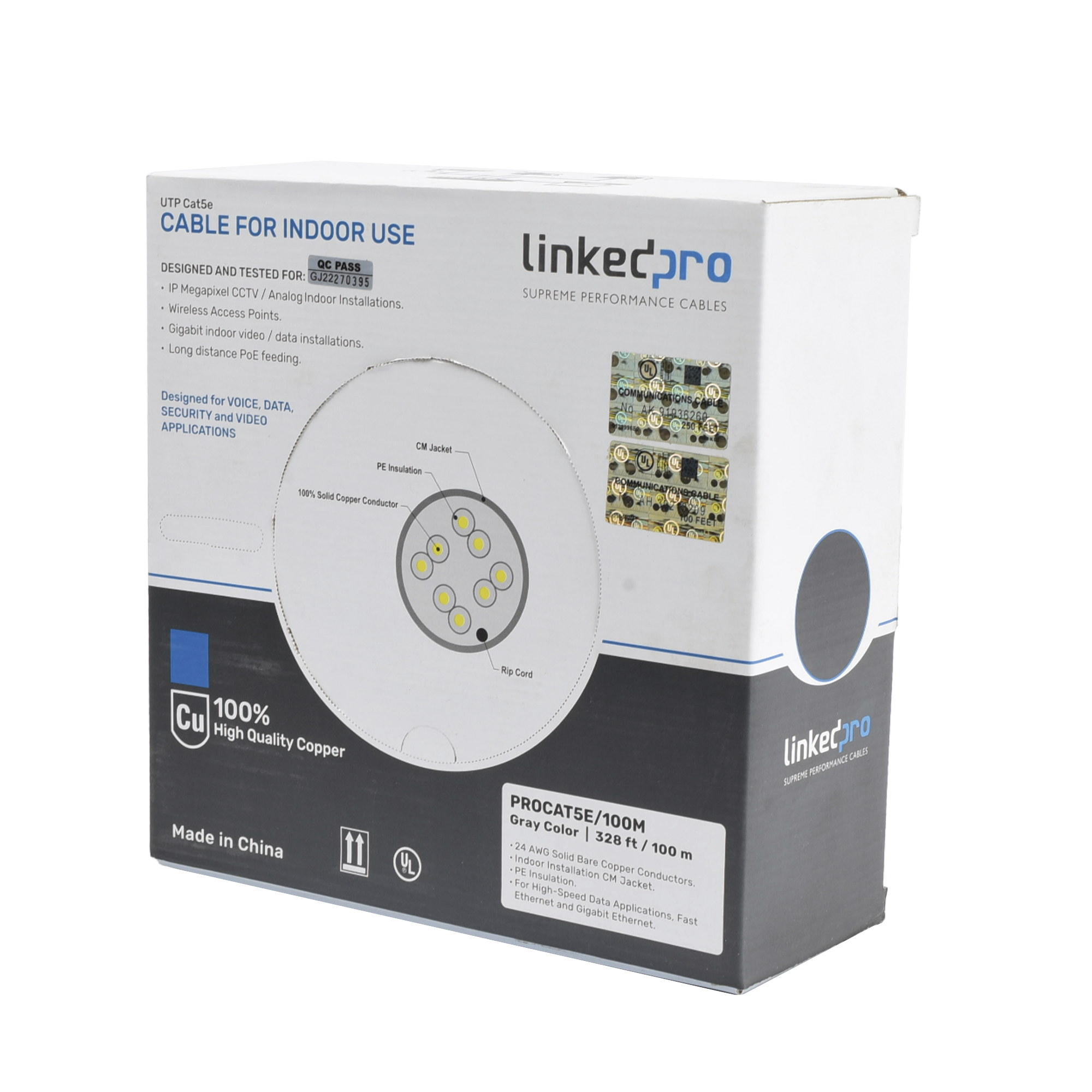 Cable Cat5e de alto rendimiento, con certificaciones ETL, UL, color gris, de 100 m ( 328 ft ) para aplicaciones en CCTV, redes de datos. Uso interior. Cable Cat5e de alto rendimiento, con certificaciones ETL, UL, color gris, de 100 m ( 328 ft ) para aplicaciones en CCTV, redes de datos. Uso interior.